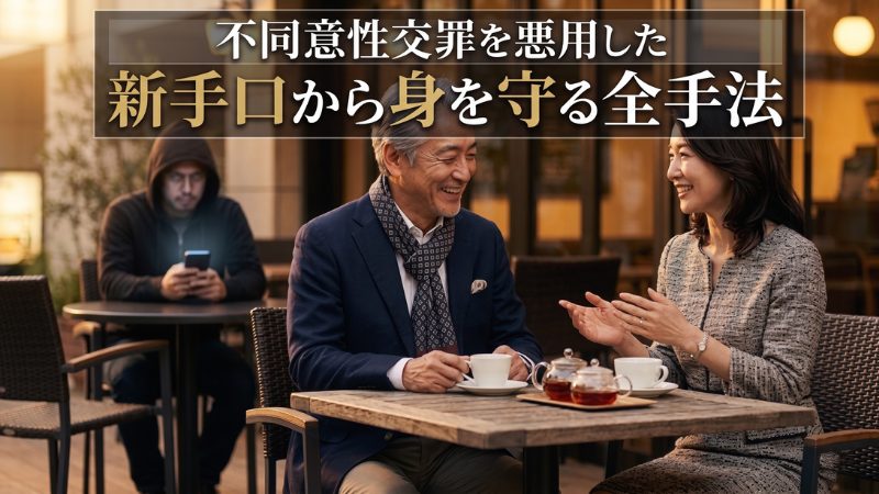美人局の新手口を象徴する、カフェで談笑する男女と背後からスマホで監視する不審な男。