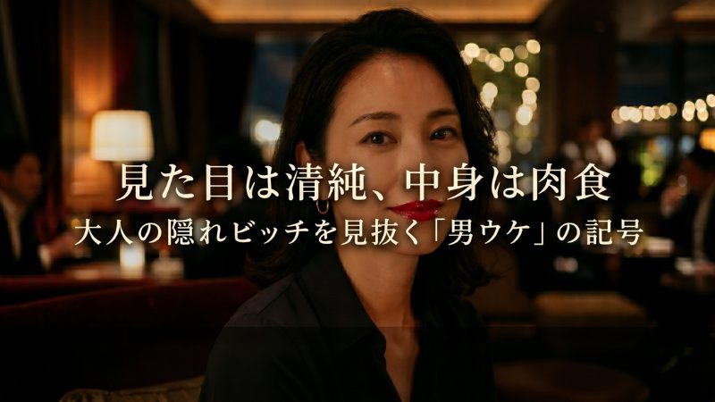 夜のラウンジで微笑む30代後半の清楚系女性。潤んだ瞳と艶やかな赤いリップが特徴的で、華の会などの出会い系アプリでターゲットとなる「隠れ肉食女子」を象徴するイメージ画像。
