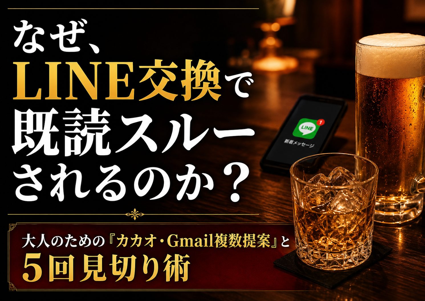 出会い系サイトでのLINE交換に悩む大人の男性に向けた、バーのカウンターとスマートフォンのアイキャッチ画像